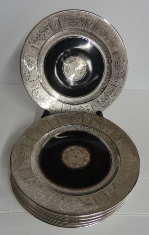 *SET OF 8 BAVARIAN PORCELAIN SERVICE PLATES: Having embossed silver decoration, approximate diameter 11".
