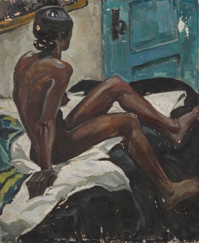*FORD, RUTH VAN SICKLE: (1898-1980 American) "The Blue Door", Portrait of nude, unframed oil on canvas, signed lower left, approximate image size 36" x 30".