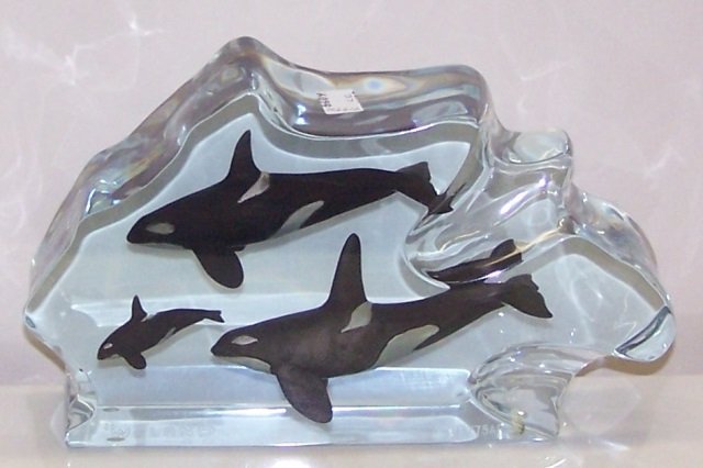 *WYLAND, ROBERT: "Orca Trio", lucite and pewter sculpture, signed and numbered AP 13/75, approximate height 6 5/8", width 11".