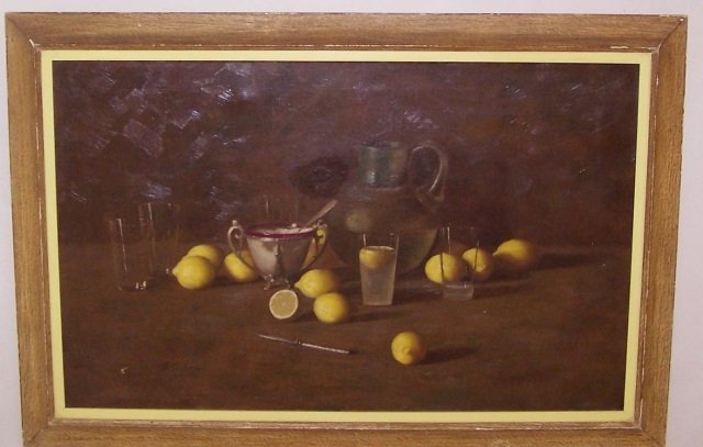 LANE, S.C.: (20th C. American) Still life with lemon and objects on table, framed oil on canvas, signed lower left, approximate image size 24" x 38", frame 30" x 44".