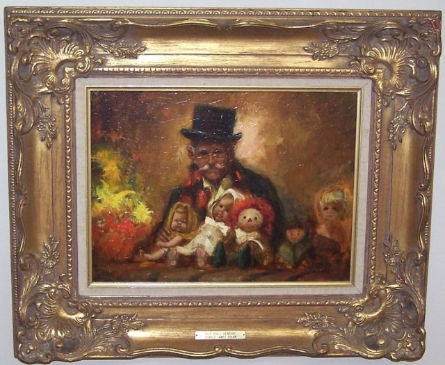 ZOLAN, DONALD JAMES: (20th C. American) "Old Doll Vendor", framed oil on masonite panel, approximate panel size 12" x 16, frame 21" x 25".