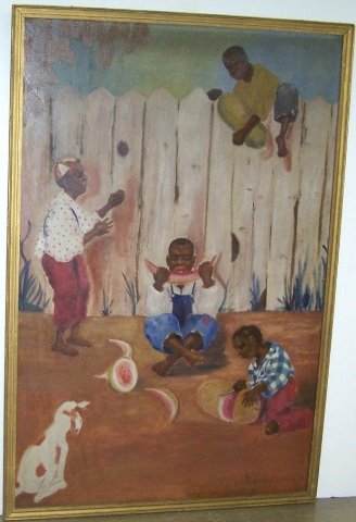 *QUERIO, DON ANGELO: (20th C. American School) Folk art scene with African Americans, framed oil on canvas mounted to plywood panel, signed and dated 1936 lower right, approximate image size 71" x 47", frame 74 1/2" x 50"