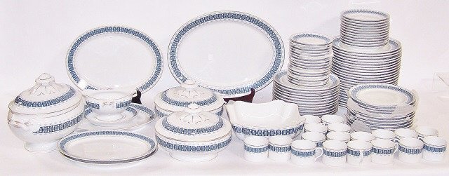 *SET OF VISTA ALEGRE DINNERWARE: Comprising 24 dinner plates, 12 salad plates (1 has chip to rim), 12 bread and butter plates, 12 soup bowls, 18 cups,18 saucers, covered tureen, sauceboat with underdish, 2 covered casseroles, serving