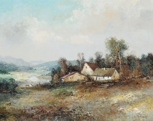*BAUER, WILLI: (Born 1923 German) Impressionist landscape, framed oil on canvas, signed lower right, approximate image size 32" x 39 1/2", frame 40 1/2" x 48". D3