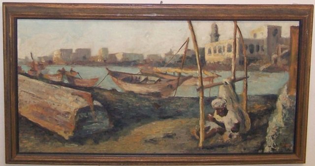LEO, D.: (20th C. American) "The Mender", framed oil on canvas board, signed lower right, approximate image size 15" x 30", frame 18" x 33". D3