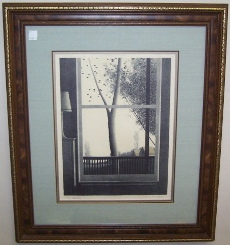 KIPNISS, ROBERT: (Born 1931 American) View through window, framed colored lithograph, signed in pencil lower right, from an artist proof edition of 50 prints lower left, approximate image size by sight 15 3/4" x 11 3/