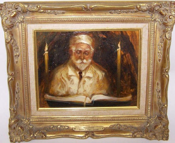 ZOLAN, DONALD JAMES: (20th C. American) "Passover", framed oil on board, no apparent artist signature but has original paperwork from gallery which represents artist on verso, approximate image size 8" x 10", frame 12 1/2