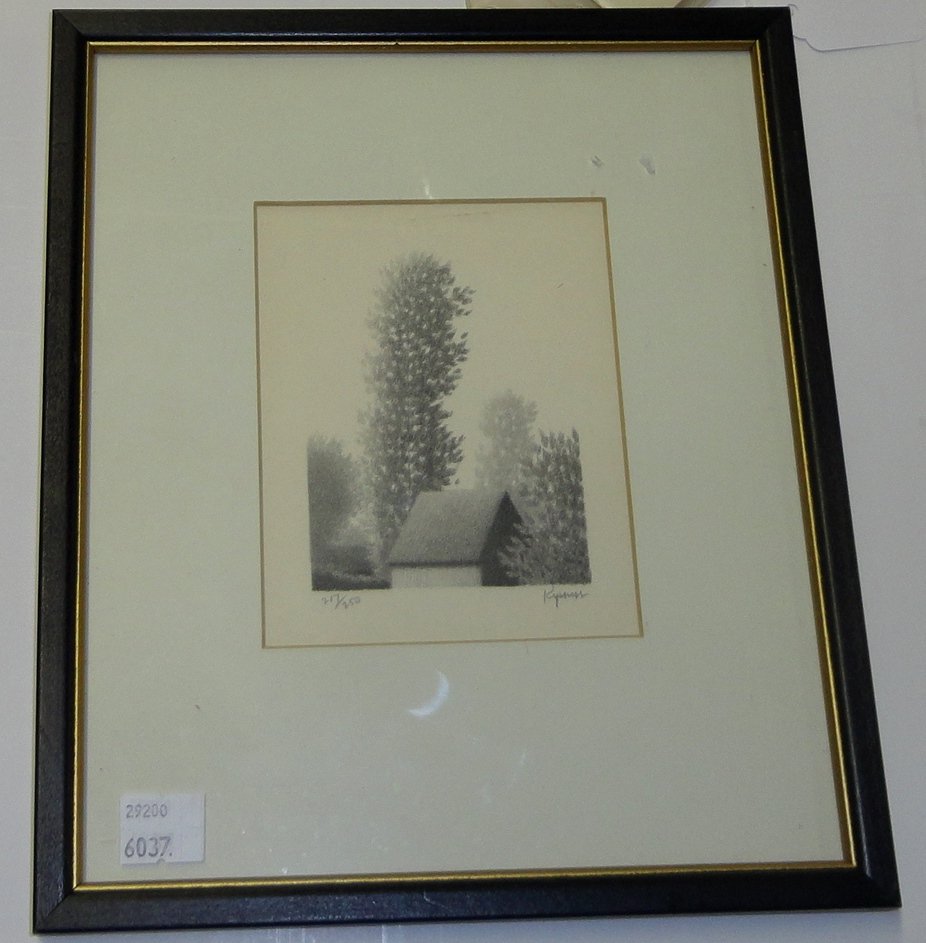 *KIPNISS, ROBERT: (Born 1931 American) "West Wind", framed black and white lithograph, signed in pencil lower right, approximate image size 4 1/4" x 3", frame 10" x 8 1/2". D3