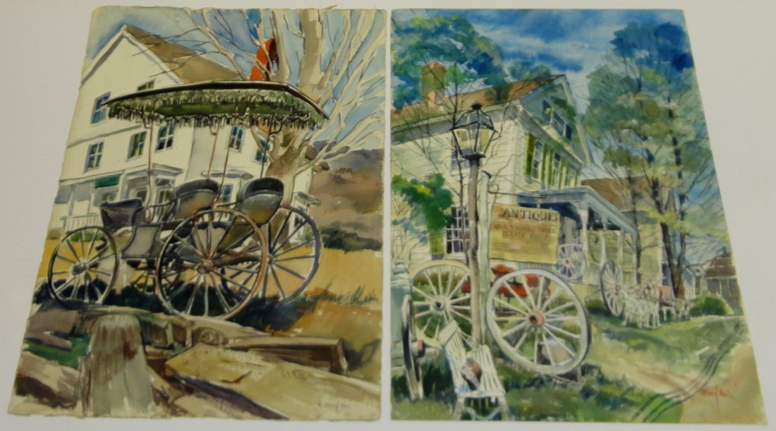 *FORD, RUTH VAN SICKLE: (1898-1980 American) 2 unframed watercolors, 1 depicting antique shop and carriage, the other a carriage, both signed lower right, approximate image size of each 30" x 22". D3