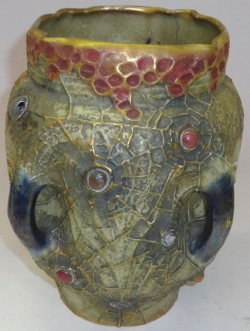 *AMPHORA VASE: Having jeweled decoration, spiderweb design and fitted with 4 handles, approximate height 9 1/2".