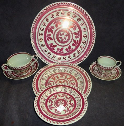 *SET OF WEDGWOOD LUSTRE DINNERWARE: 8 dinner plates, diameter 10", 9 salad plates, diameter 9", 9 dessert plates diameter 8", 9 bread plates, diameter 6", 16 coffee cups and 12 saucers, diameter 5 1/4", 7 demitasse cups and 7 saucers, d