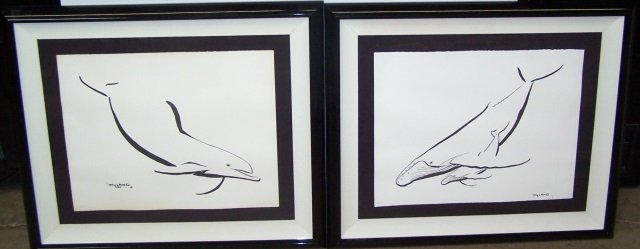 *WYLAND, ROBERT: Two framed lithographs, "Humpback with Calf", signed and numbered 632/750, frame is 28 1/2" x 33 7/8", and "Dolphin Down" signed and numbered 229/750, frame is 28 3/4" x 33 7/8".