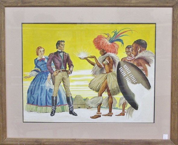 *COOPER, MARIO: Tribesmen presenting diamond to visitor, framed gouache, signed lower left, approximate image size 23" x 17 1/2", frame 32 1/2" x 26 1/2'.
