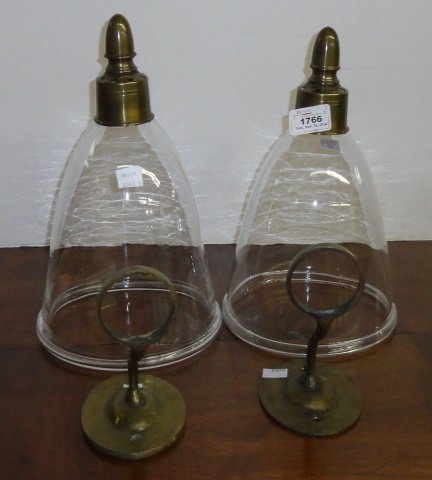 *PAIR OF BRASS WALL SCONCES: With glass shades.
