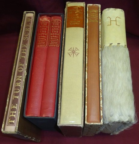 *6 BOOKS: Published by Limited Editions Club, "Far Away and Long Ago: A History of My Early Life" by W.H. Hudson, Buenos Aires, 1943, fur binding, 2 volumes "The Ring and the Book" by Robert Browning, Platinum