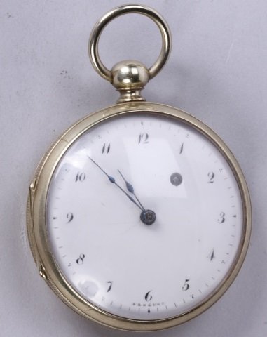 *BREGUET POCKET WATCH: *BREGUET POCKET WATCH| Having fusee movement, key wound and set with numeral markers and date on white finish dial, contained in a yellow gold open face case, face marked Delaunoy, case marked Delauno