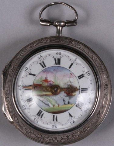 *TARTS LONDON SILVER REPOUSSE POCKET WATCH: *TARTS LONDON SILVER REPOUSSE POCKET WATCH| Having Fusee movement, key wound and set, with painted scenic dial and Roman numeral markers, contained in a silver repousse case depicting Grecian figural 
