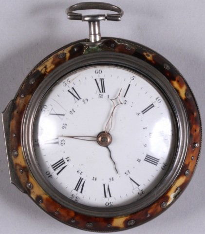 *LONDON POCKET WATCH: *LONDON POCKET WATCH| Having Fusee movement, diamond bearing for balance wheel, key wound and set with Roman numeral markers on a white finish dial, contained in a sterling silver open face case, fitt