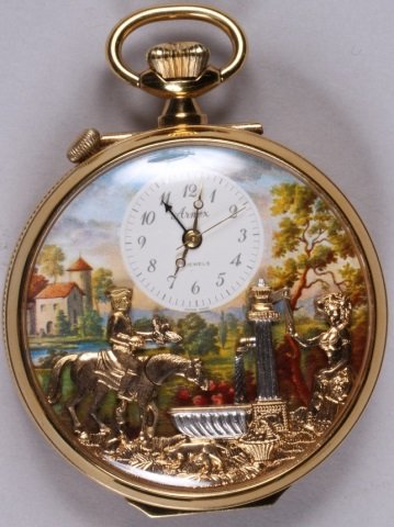 *ARNAX MUSICAL AUTOMATON POCKET & TABLE WATCH: *ARNAX MUSICAL AUTOMATON POCKET & TABLE WATCH| Having jeweled movement, stem wound and set with enamel dial having figures of man on horse drinking at well, with woman operating pump, plays (Oh, what