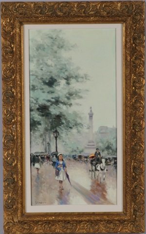 *GISSON, ANDRE: (1921-2007 American) French Impressionist street scene with figures, framed oil on canvas, signed lower left, approximate image size 24" x 12", frame 31" x 19".
