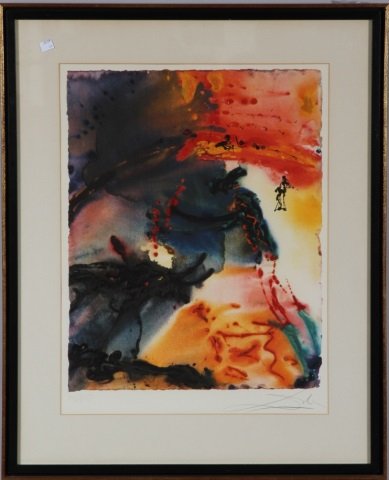 *DALI, SALVADOR: (1904-1988 Spanish) Abstract landscape with figures, framed intaglio print with lithograph, signed in pencil lower right and numbered from edition of 150 prints lower left, approximate image size 21" 
