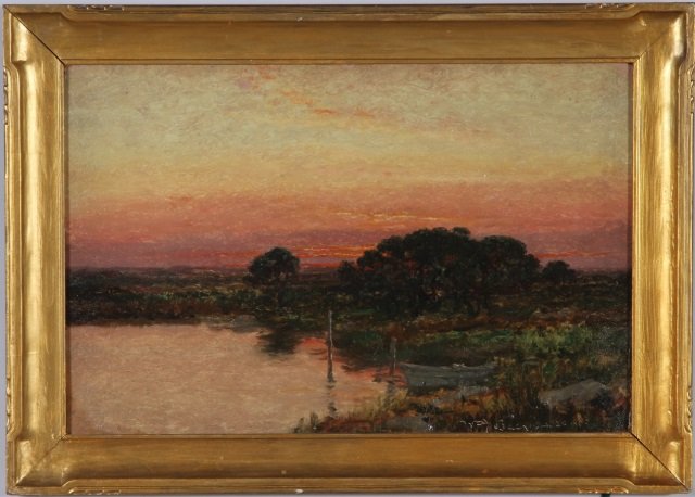 BAER, WILLIAM J.: (1860-1941 American) Expansive landscape at sunset, framed oil on board, signed and dated 1909 lower right, approximate image size 12" x 18", frame 15 1/2" x 22".