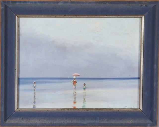*GISSON, ANDRE: (1921-2007 American) Impressionist scene with figures on beach, framed oil on canvas, signed lower right, approximate image size 9" x 12", frame 12" x 15".