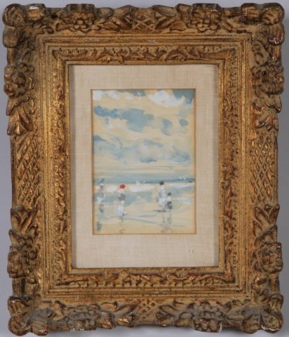 *GISSON, ANDRE: (1921-2007 American) Impressionist scene with figures on beach, framed watercolor, signed lower right, approximate site 5 3/16" x 3 5/8", frame 11 3/4" x 9 7/8".