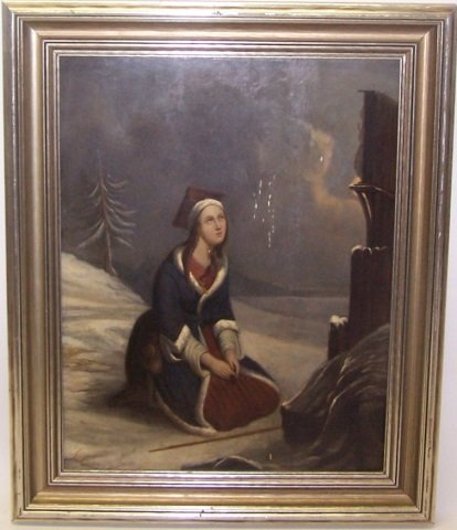 *BOES, V.D.: (Late 18th/early 19th C. German School) Woman kneeling by religious altar, framed oil on wood panel, signed and dated '16 lower right, approximate image size 20 1/4" x 15 3/4", frame 25" x 20 1/2".