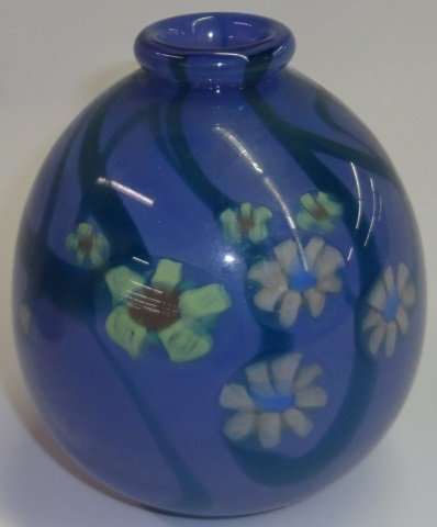 *MARK PEISER ART GLASS VASE: Decorated with flowering branches, signed on underside "Mark Peiser 1971", approximate height 5".