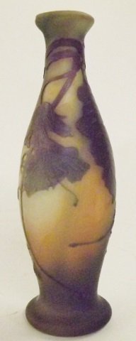 *MULLER FRERES CAMEO GLASS VASE: Having vine and leaf decoration, signed "Muller Fres Lun‚ville", approximate height 6".