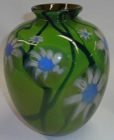 *MARK PEISER ART GLASS VASE: In shades of green, signed on underside "Mark Peiser 057", approximate height 8".
