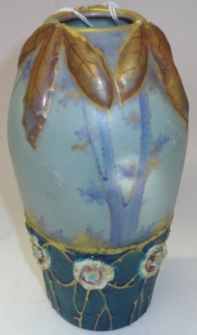 *AMPHORA VASE: With gilt leaf decoration, landscape and flora, marked on underside "2150", approximate height 6 3/4".