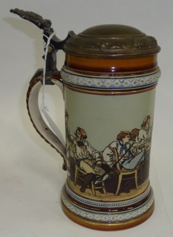*METTLACH STEIN: Half liter, #1116, etched cap reading "For highest break at billiards during 1 hour play presented by the Vice President W. Glaser, won by R.K. Keller", approximate height 7 3/4".