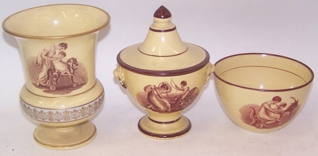 *3 PIECES OF ENGLISH CREAMWARE PORCELAIN: Vase, bowl and covered bowl, all decorated with mother and child, approximate height of tallest 5 1/4".