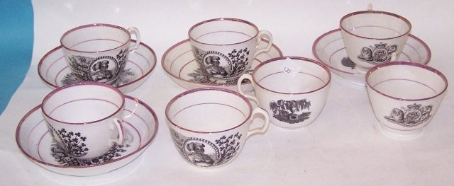 *GROUP OF EARLY ENGLISH PORCELAIN CUPS AND SAUCERS: 2 cups and saucers marked "Long Live Queen Caroline", 3 saucers and 5 cups marked "Protect my mother, God save Queen Caroline".