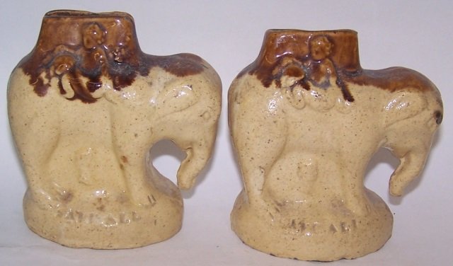 *2 ENGLISH ROCKINGHAM POTTERY FIGURAL BANKS: Elephants, approximate height 4 1/4".