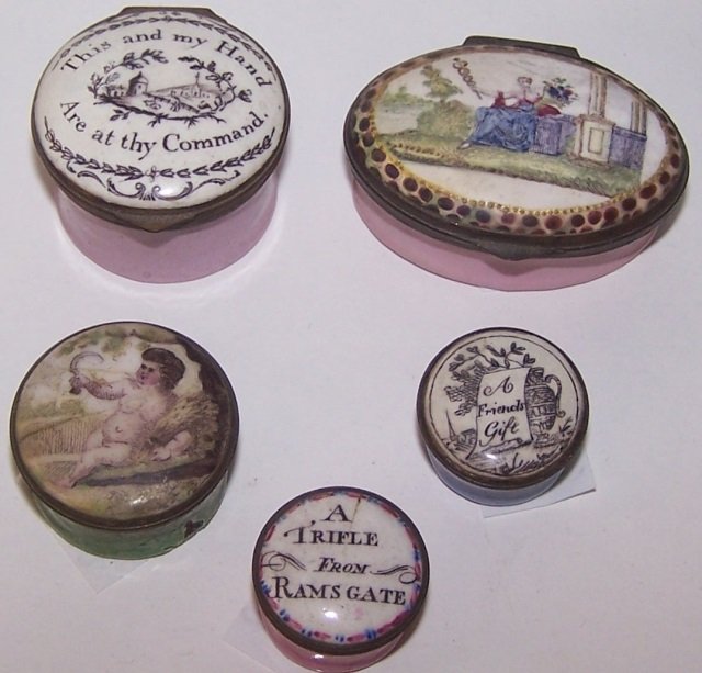 *5 CONTINENTAL ENAMELED SNUFF BOXES: "This and my hand are at thy command", "A trifle from Ramsgate", "A friend's gift", etc., approximate height on tallest 3/4".