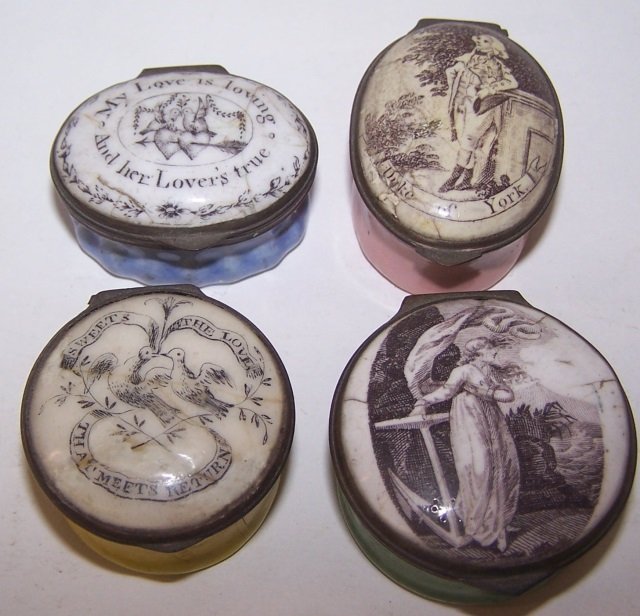 *4 CONTINENTAL ENAMELED SNUFF BOXES: "My love is loving and her lover's true", "Sweet's the love that meets return", "Duke of York", etc., approximate height of tallest 3/4".
