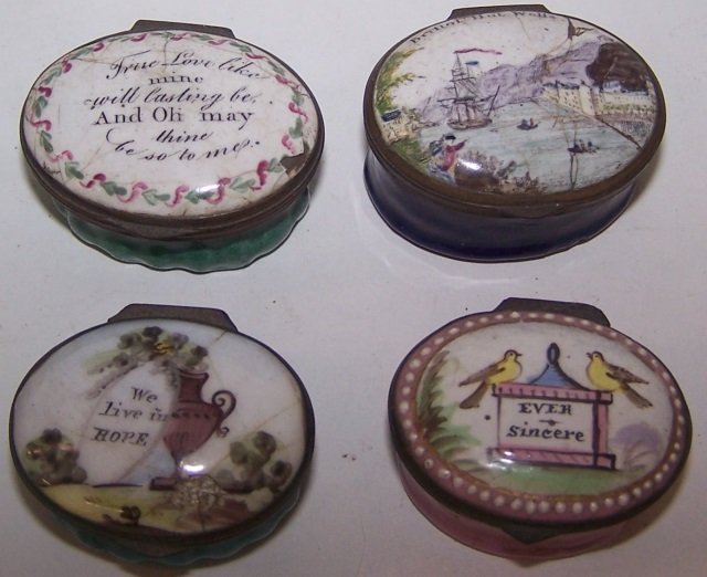 *4 CONTINENTAL ENAMELED SNUFF BOXES: "True love like mine will lasting be and oh may thine be so to me", "We live in hope", "Bristol Hotwells" and "Ever sincere", approximate height of tallest 3/4".