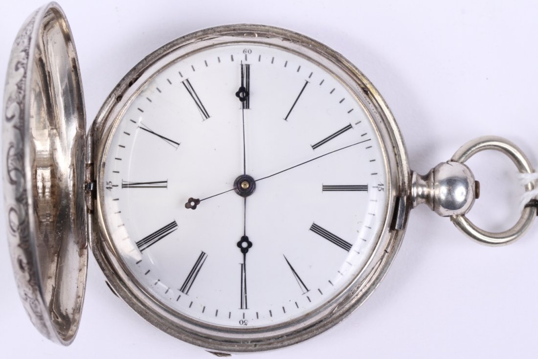 *DIMIER FRERES & COMPANY SWISS POCKET WATCH: *DIMIER FRERES & COMPANY SWISS POCKET WATCH| Made for Chinese market, having jeweled movement, key wound and set, Roman numeral markers, white finish dial, contained in a silver hunter case, numbered 