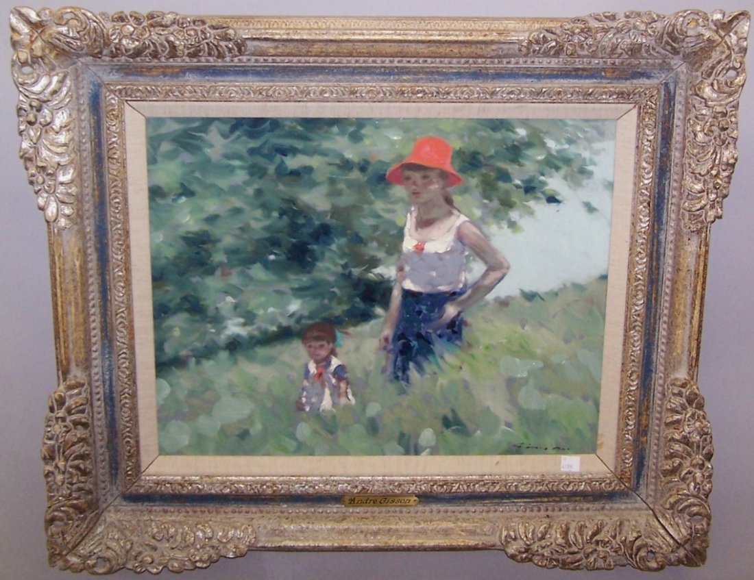 *GISSON, ANDRE: (1921-2003 American/French) Impressionist landscape with figures in field, framed oil on canvas, signed lower right, approximate image size 16" x 20", frame 24" x 28".