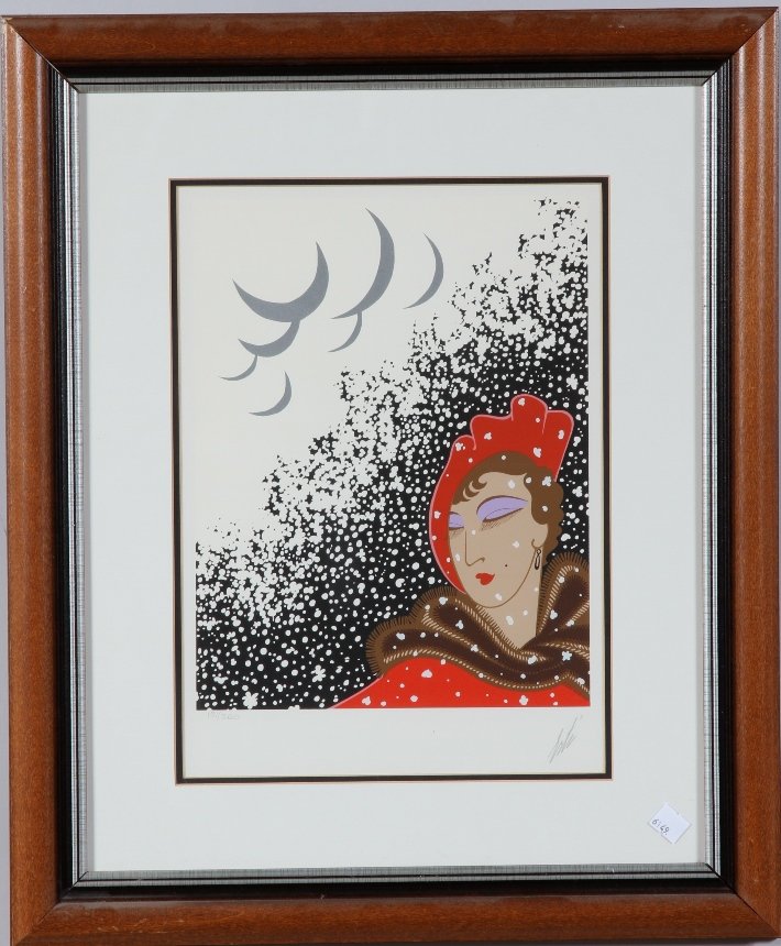 *ERTE: (1892-1990 Russian/French) Woman in snowstorm, framed serigraph, signed in pencil lower right and numbered from edition of 260 lower left, approximate image size 13" x 10", frame 23" x 19 1/2".