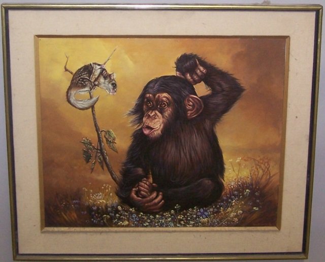 *BLOTTIAUX, ROBERT: Chimpanzee with squirrel, framed oil on canvas, signed lower right, artist stamp on verso reading "1982 Blottiaux", approximate image size 20" x 24", frame 26 1/8" x 30 1/8".