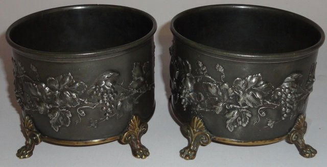 PAIR OF 19TH C. SILVERPLATE WINE COASTERS: With relief grape cluster and leaf decoration, approximate height 3 3/4".
