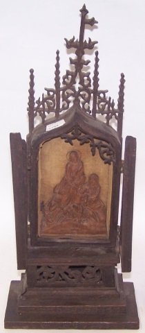 CARVED WOOD SCULPTURE: Having 2 doors opening to relief plaque depicting Mary, Elizabeth, Jesus and John the Baptist, approximate height 14 1/2".