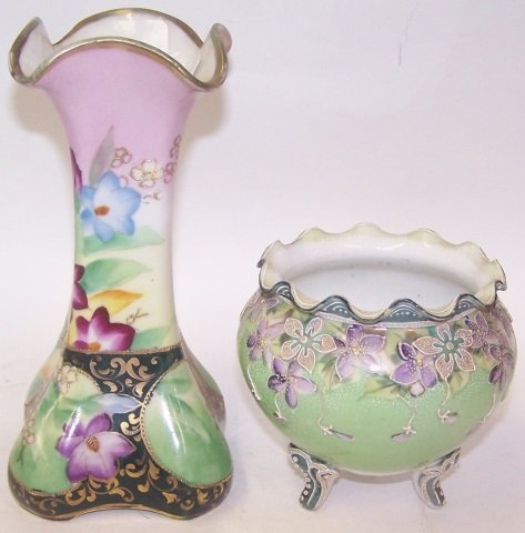 2 PIECES OF ORIENTAL PORCELAIN: Vase and footed bowl, both with floral decoration, bowl marked "Nippon" approximate height of tallest 7 1/4".