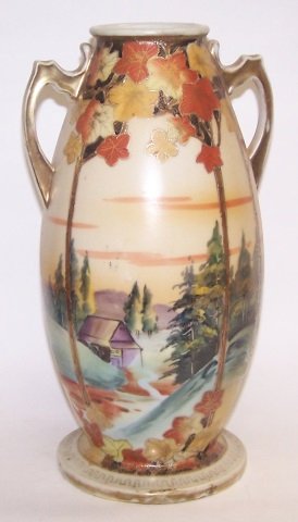 *NIPPON HANDPAINTED PORCELAIN VASE: Decorated with house in landscape, approximate height 12".