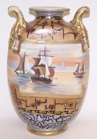 *HANDPAINTED NIPPON PORCELAIN VASE: Decorated with sailboats, approximate height 8 1/2".