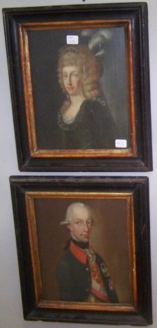 *UNKNOWN ARTIST: (Mid 18th C. English School) 2 framed oils on wood panels under glass, portraits of man and woman, approximate image size of each 9 1/4" x 7 1/2", frames 12 1/2" x 10 1/2".